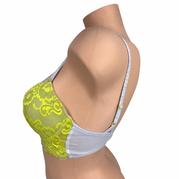 Josie Neon‎ Green 32D Contrast Lace Plunge Bralette Balconette Bra Unpadded - Picture 6 of 12